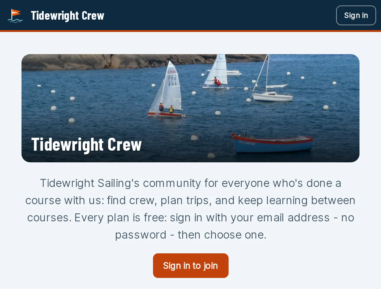 The public page of a made-up sailing school's members' community, as somebody who isn't signed in sees it