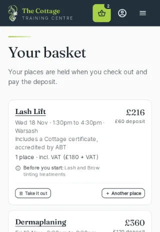 Her basket on a phone with two courses in it, Lash Lift and Dermaplaning, and the deposit to pay now