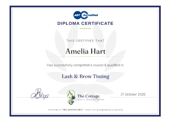 A Cottage certificate in Lash & Brow Tinting, ABT accredited, with its number and where an employer can check it