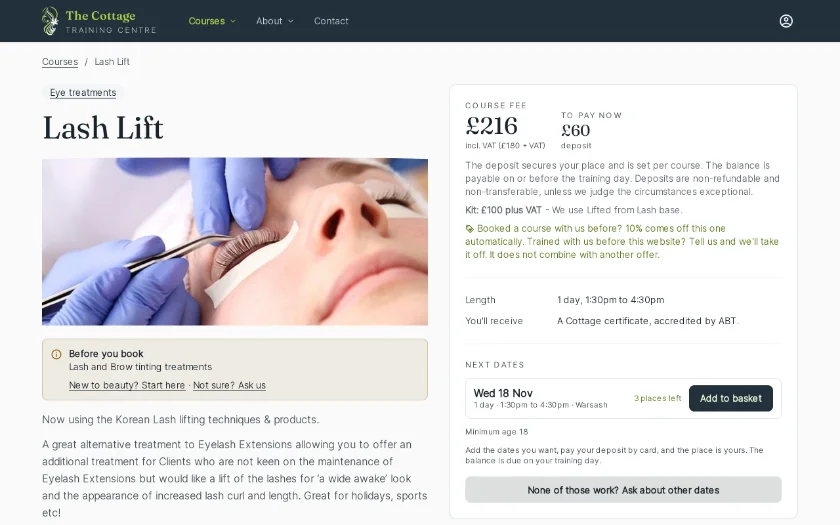 Her Lash Lift course page: the fee, the deposit, the kit, the certificate it leads to and the next date with three places left