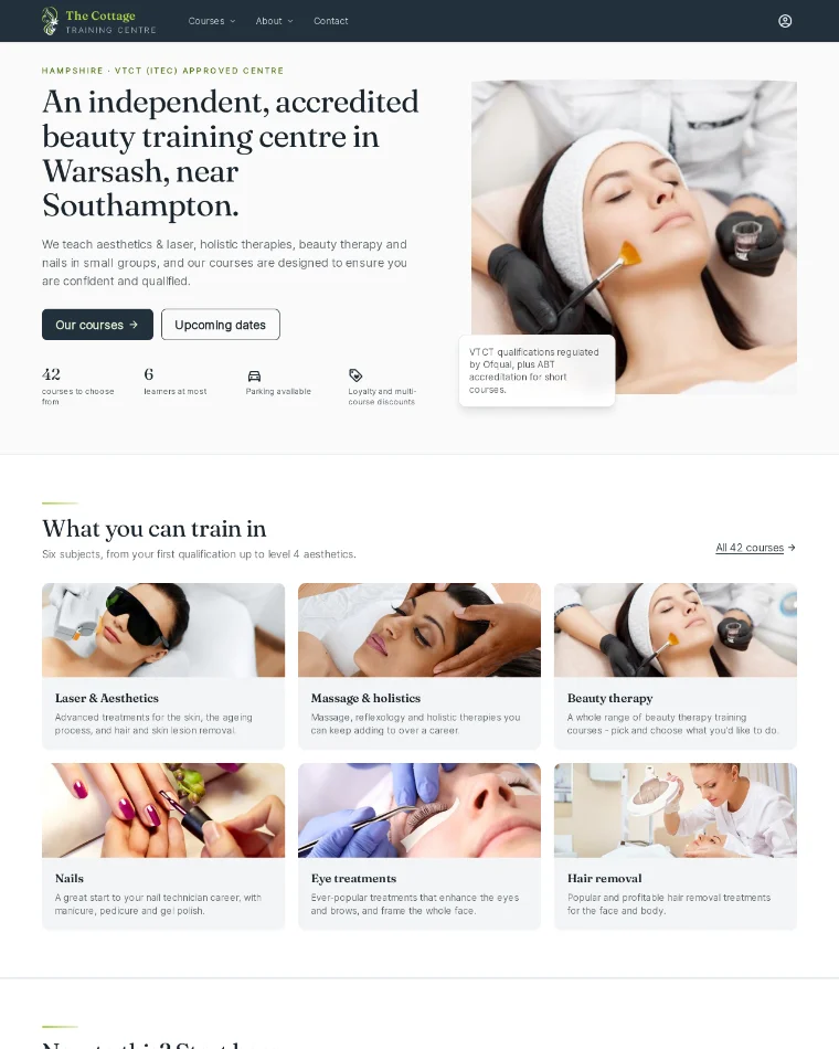 The Cottage Training Centre's home page: small-group training in Warsash, her course categories, courses open to beginners and the most popular ones