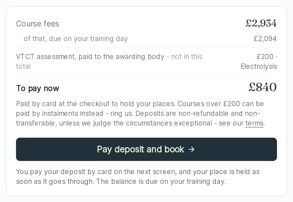 A basket's totals: course fees, the deposit, what's due on the day and the awarding body's fee